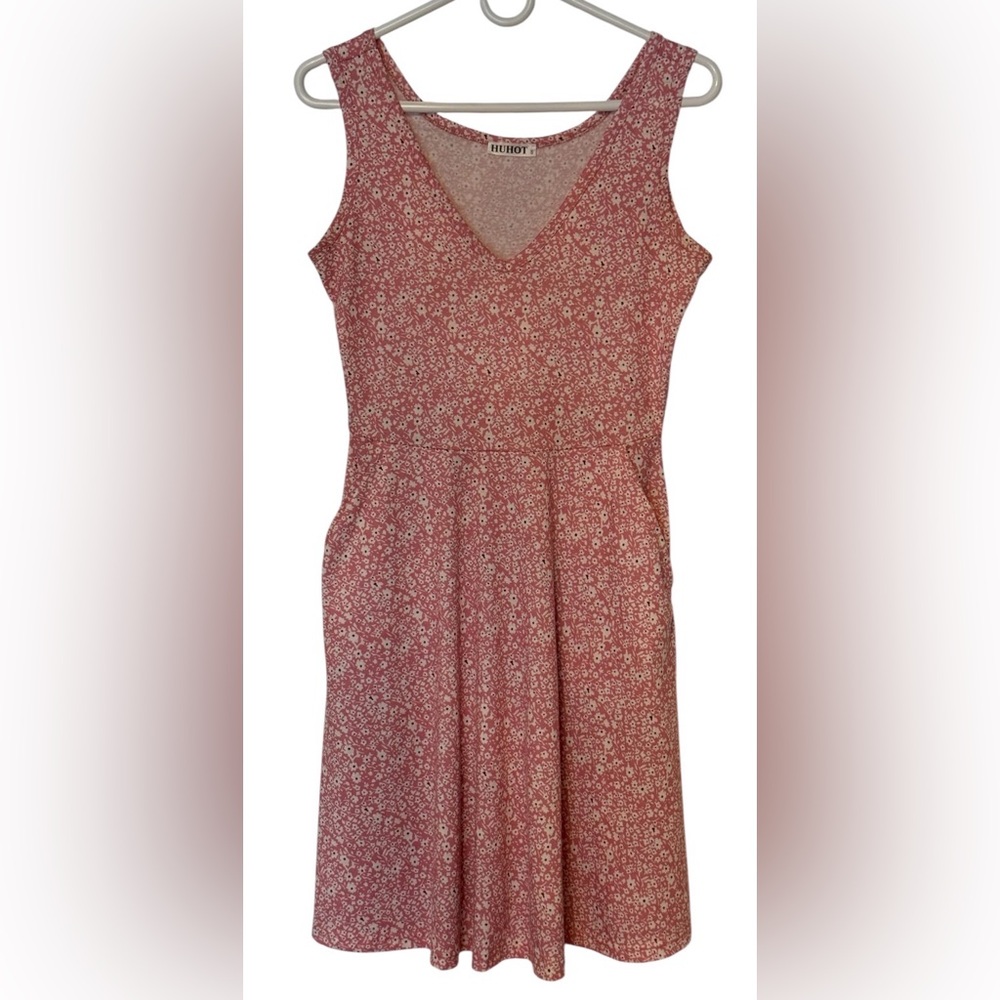 Humot Simple Summer V-Neck Pink & White Floral Dress SzSmall Poxkets